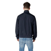 Ea7 Schwarze Herren-Bomberjacke aus Polyamid-Nylon mit hohem Kragen, gerippten Bündchen und blauem Reißverschluss-Rollkragen-Blazer-Detail