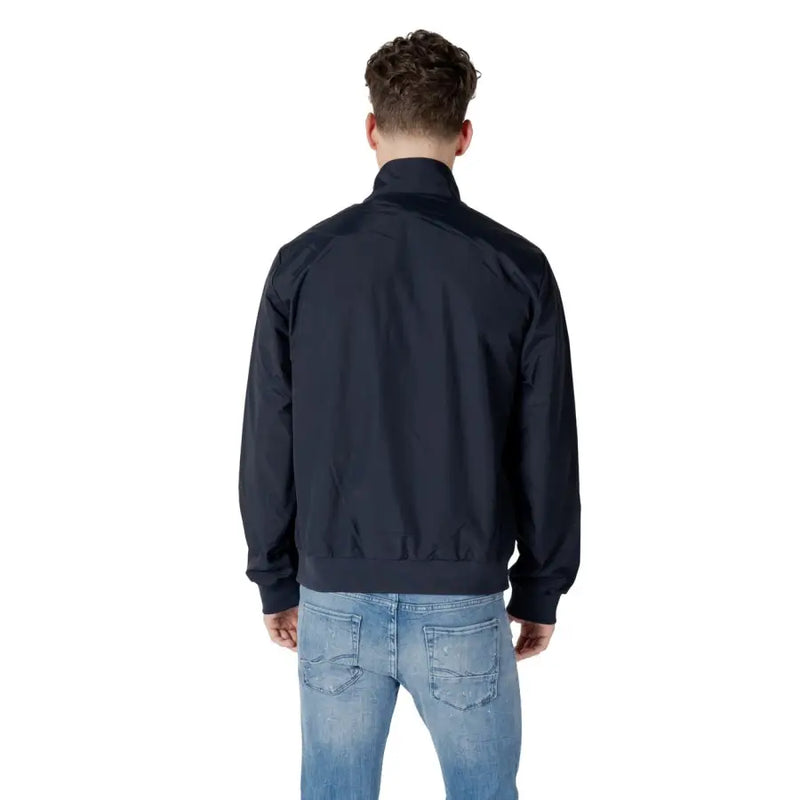 Ea7 Schwarze Herren-Bomberjacke aus Polyamid-Nylon mit hohem Kragen, gerippten Bündchen und blauem Reißverschluss-Rollkragen-Blazer-Detail