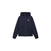 Dunkelblauer EA7 Herren-Kapuzenpullover aus Polyamid mit Reißverschluss und weißem Logo auf der linken Brust für Herbst und Winter