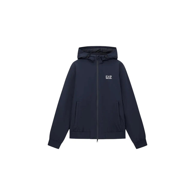 Dunkelblauer EA7 Herren-Kapuzenpullover aus Polyamid mit Reißverschluss und weißem Logo auf der linken Brust für Herbst und Winter