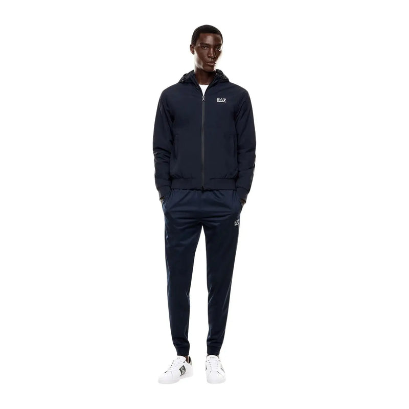 Marineblauer EA7 Herren-Trainingsanzug aus Polyamid mit Kapuzenjacke und Hose, weißes Logo, Herbst/Winter