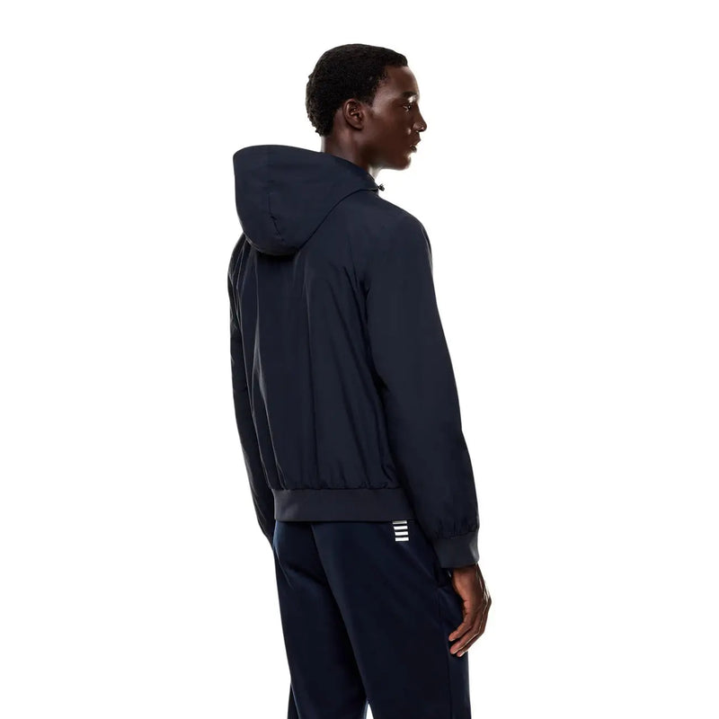 Ea7 Blaue Herren-Kapuzenjacke aus Polyamid mit weißen Streifen an Ärmeln und Saum für Herbst und Winter