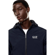 Marineblaue EA7 Herren-Kapuzenjacke aus Polyamid mit Reißverschluss und weißem Logo, geeignet für Herbst und Winter