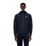 Marineblauer EA7 Herren-Kapuzenpullover aus Polyamid mit Reißverschluss und weißem Logo auf der Brust für Herbst und Winter