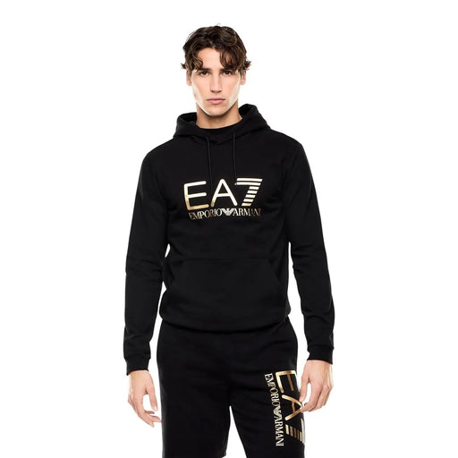 Schwarzer EA7 Emporio Armani Baumwoll-Hoodie und passende Jogginghose mit goldenem Logo für Herren, Herbst/Winter-Kollektion