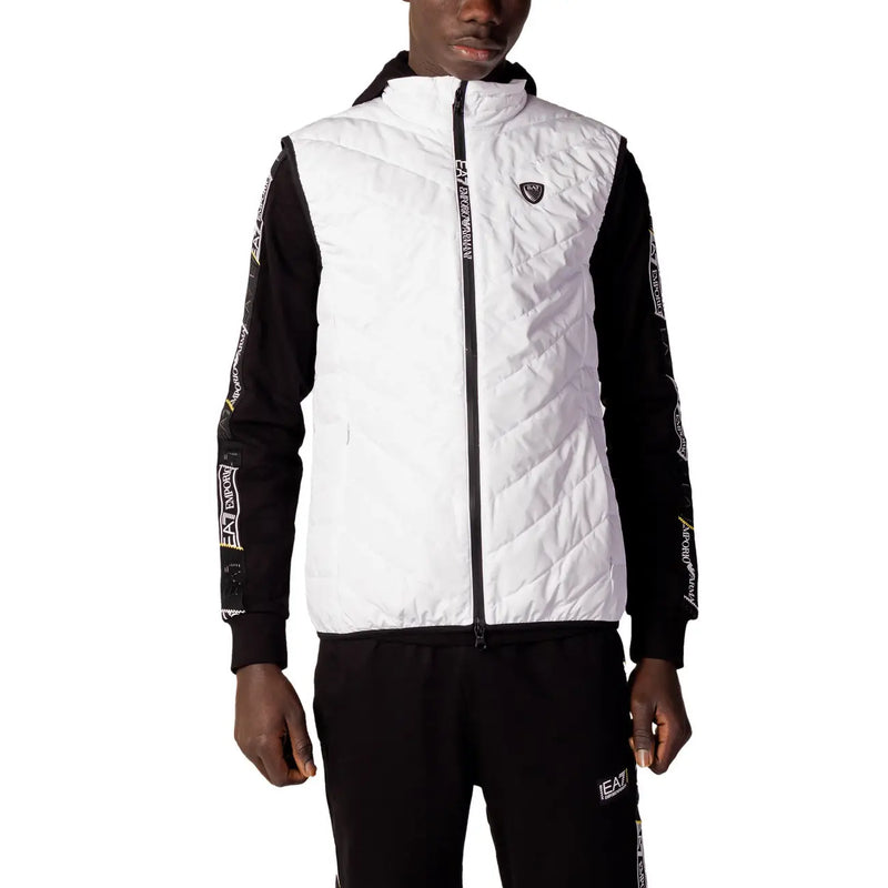 Ea7 Weiße, gesteppte Herrenweste mit schwarzem Reißverschluss und Logo-Details aus Polyester, ärmellose Jacke
