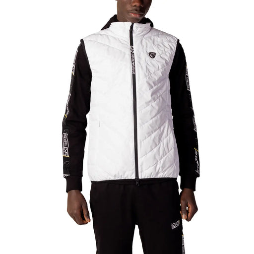 Ea7 Weiße, gesteppte Herrenweste mit schwarzem Reißverschluss und Logo-Details aus Polyester, ärmellose Jacke
