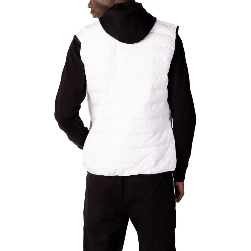 Ea7 Weiße, gesteppte Herrenweste mit schwarzer Kapuze und kontrastierenden schwarzen Ärmeln, ärmellos, aus Polyester, mit Reißverschluss