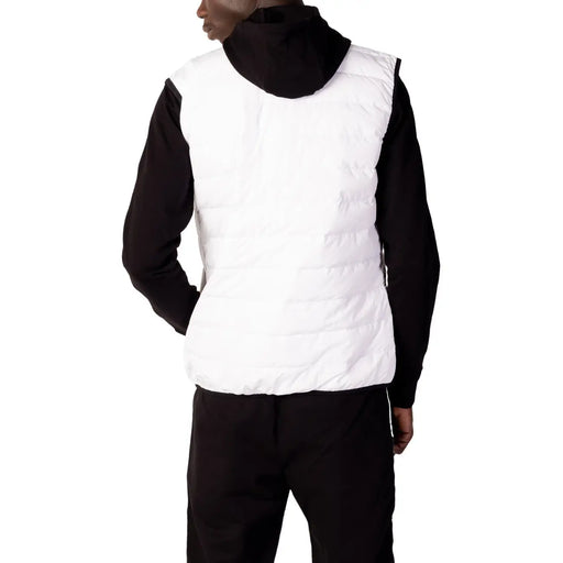 Ea7 Weiße, gesteppte Herrenweste mit schwarzer Kapuze und kontrastierenden schwarzen Ärmeln, ärmellos, aus Polyester, mit Reißverschluss