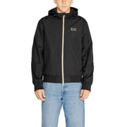 Schwarze, wattierte Windjacke mit Kapuze von ea7 für Herren mit goldenem Reißverschluss und Logo aus Polyamid, lange Ärmel