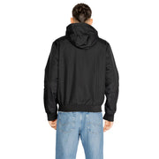 Ea7 Schwarze, wattierte Herrenjacke mit Kapuze aus glattem, leichtem Polyamidgewebe und gerippten Bündchen im Bomberjacken-Stil