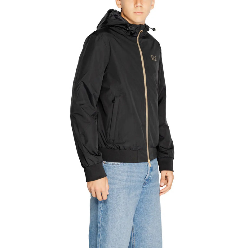Ea7 Schwarze, wattierte Herrenjacke mit Kapuze und beigem Reißverschluss, lange Ärmel, Polyamid, dezentes Brustlogo