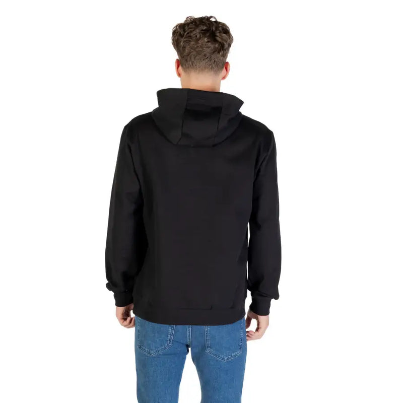 Ea7 Schwarzer Herren-Hoodie aus Baumwollmischgewebe mit glattem Stoff und gerippten Bündchen im Kapuzen-Design