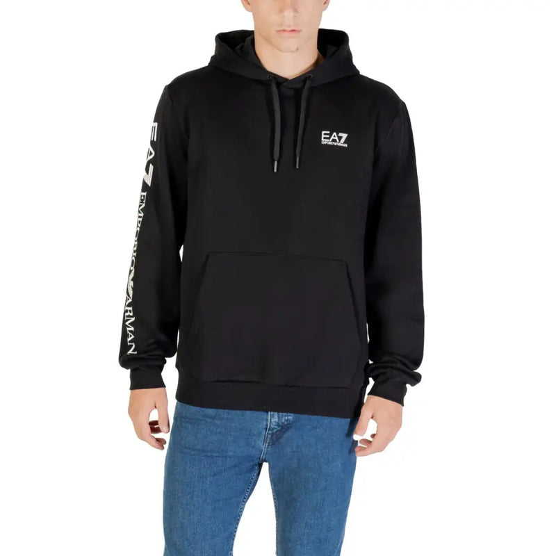 Ea7 Herren-Hoodie, schwarzer Baumwollmischpullover mit weißem Emporio Armani Logo und Ärmelbranding
