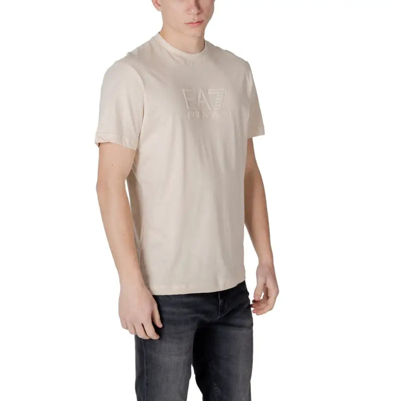 Men’s beige crew-neck short-sleeve cotton T-shirt with embossed logo from Ea7 Spring Summer collection