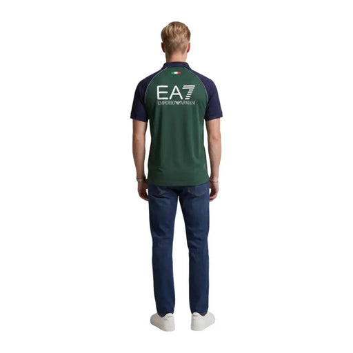 Ea7 Herren-Poloshirt, blau, kurzärmelig, Polyamid, schmal geschnitten, mit Rückenausschnitt und Emblem in Dunkelgrün, Marineblau und der italienischen Flagge