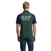 Ea7 Herren-Poloshirt, blau, kurzärmelig, Polyamid, schmal geschnitten, mit dunkelgrünem Rückenteil, weißem Logo und italienischem Flaggenemblem