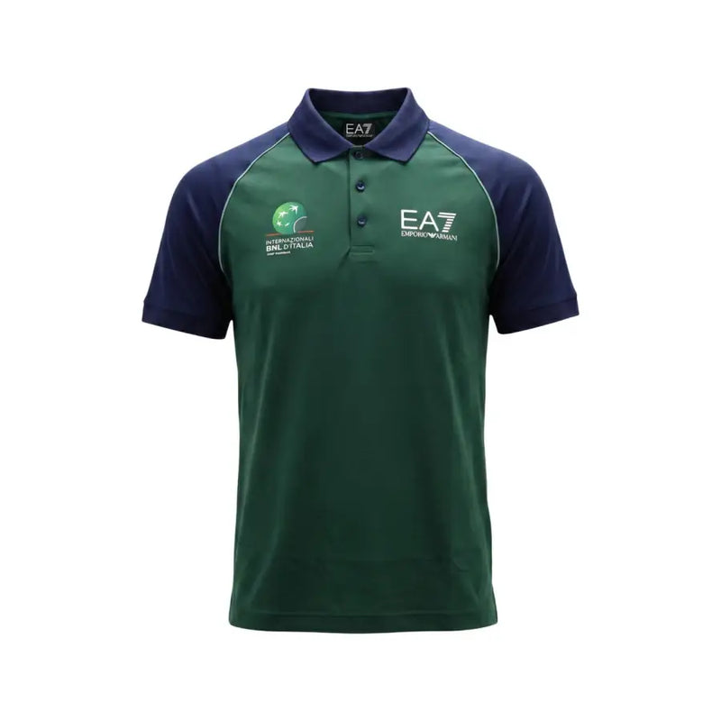Ea7 Herren-Poloshirt, blau, kurzärmelig, Polyamid, schmale Passform, dunkelgrün-marineblau mit kontrastierenden Einsätzen und gestickten Logos
