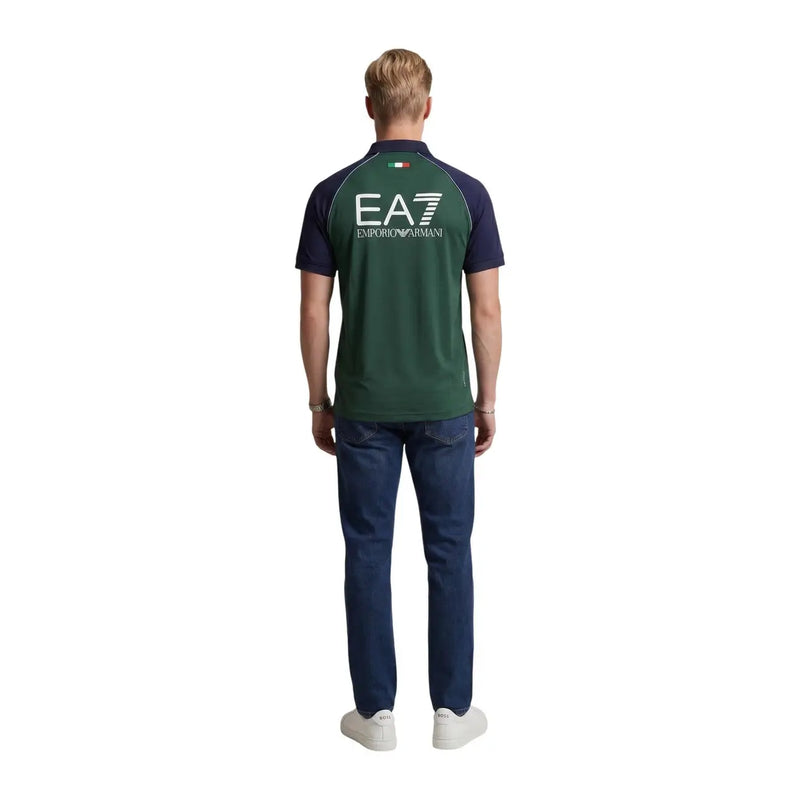 Ea7 men polo shirt blue short sleeve polyamide slim fit showing back with dark green navy and italian flag emblem