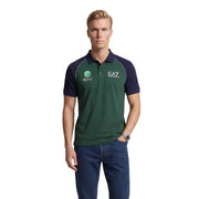 Ea7 Herren-Poloshirt, blau, kurzärmelig, schmal geschnitten, in Dunkelgrün und Marineblau mit weißen Ziernähten und gestickten Logos