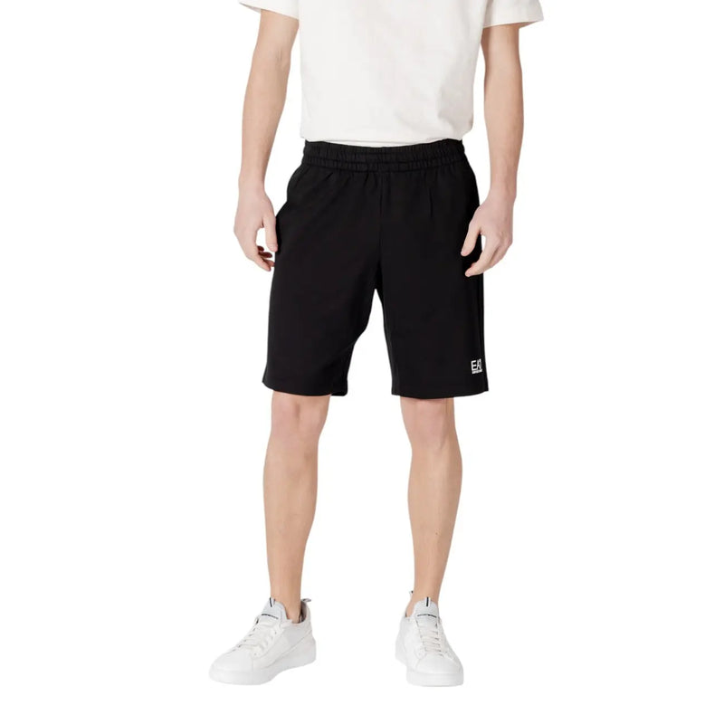 Ea7 men black athletic shorts with elastic waistband and small white logo on lower right leg for sportswear