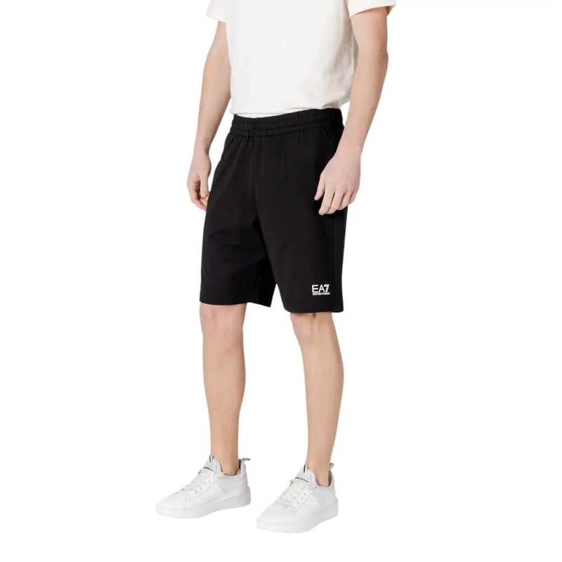 Black ea7 emporio armani men shorts featuring a white logo on the lower left leg ideal for casual wear