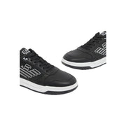 EA7 Herren-Sneaker, schwarze Polyurethan-Freizeitschuhe mit weißen Logo-Akzenten und kontrastierender weißer Gummisohle