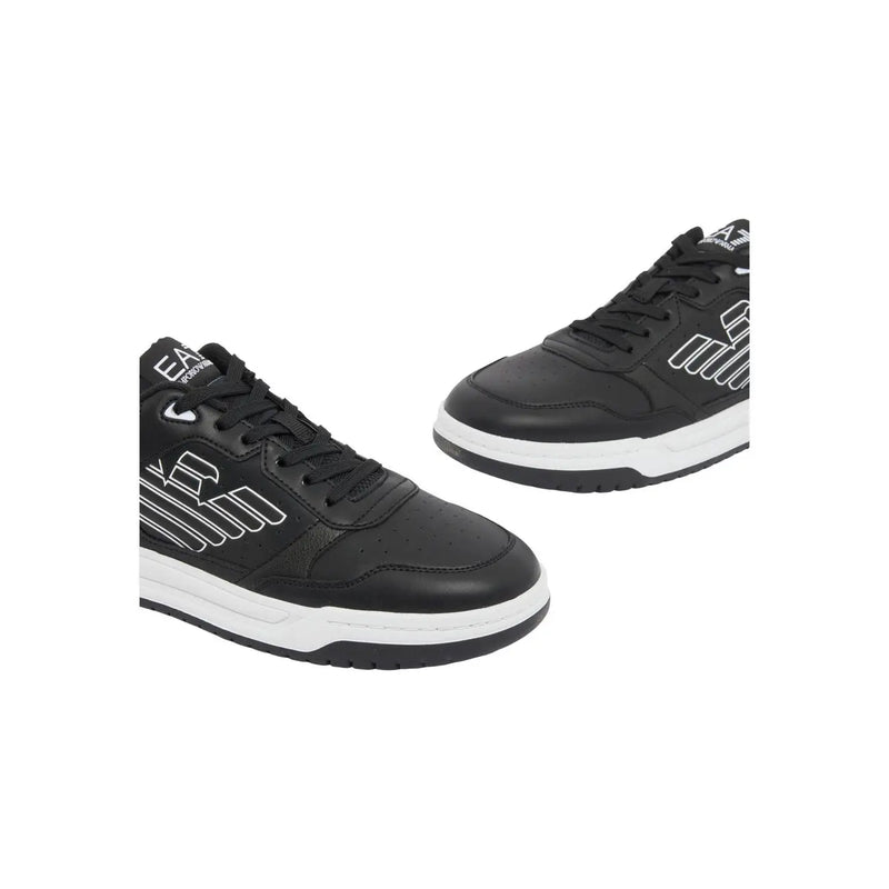 EA7 Herren-Sneaker, schwarze Polyurethan-Freizeitschuhe mit weißen Logo-Akzenten und kontrastierender weißer Gummisohle