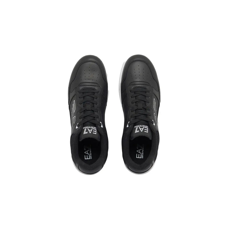 Ea7 Herren-Sneaker aus schwarzem Leder mit weißen Akzenten und Perforationen, lässige Polyurethanschuhe