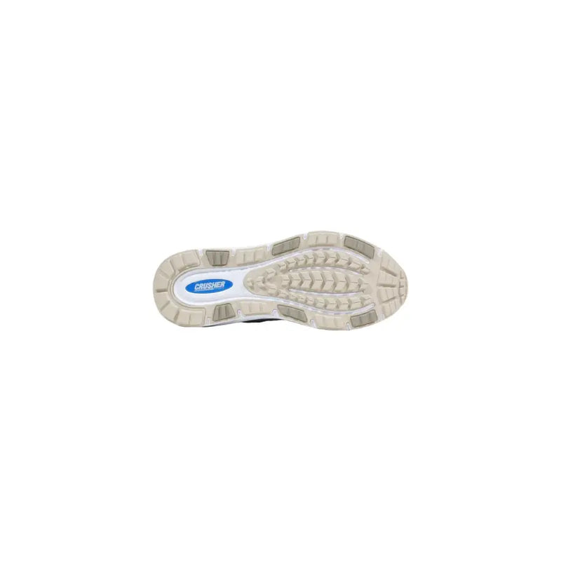 Rückseite der grauen EA7 Herren-Sneaker aus Polyester mit Schnürung, beigefarbener und weißer Gummisohle und blauem Crusher-Logo