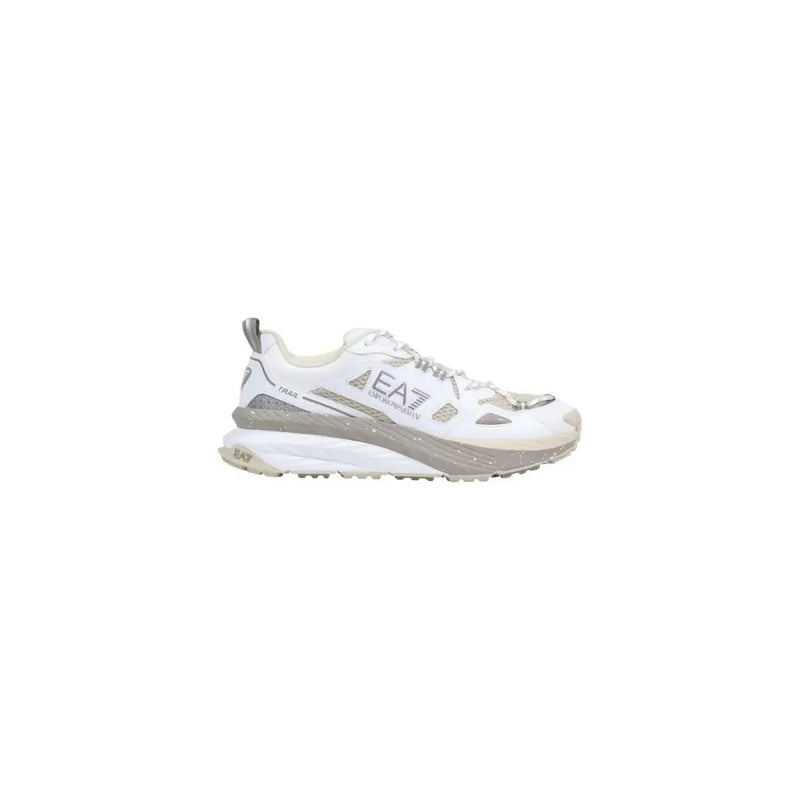 Ea7 Herren-Sneaker aus grauem Polyester, Schnürschuhe mit weißem Trailrunning-Finish, silbernen Akzenten und profilierter Sohle