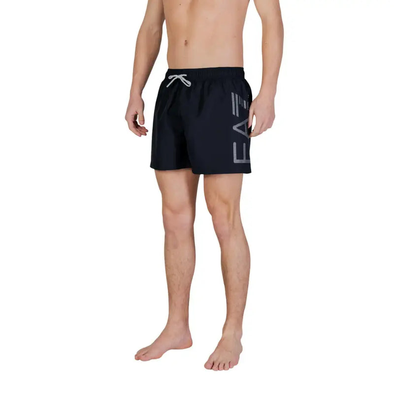 Ea7 Herren-Badehose aus schwarzem Polyester mit grauem Logo, weißen Kordelzügen und Taschen 7m002001