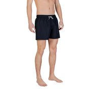 Ea7 Schwarze Herren-Badehose aus Polyester mit weißem Kordelzugbund und Taschen, Modell 7M002001