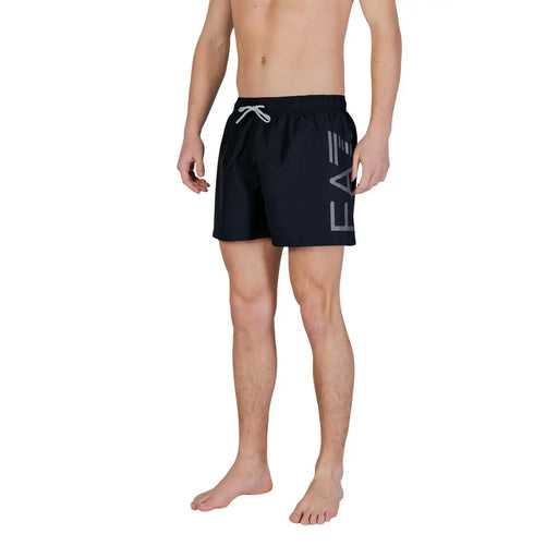 Ea7 men swimwear black polyester swim trunks with gray logo white drawstring laces and pockets 7m002001