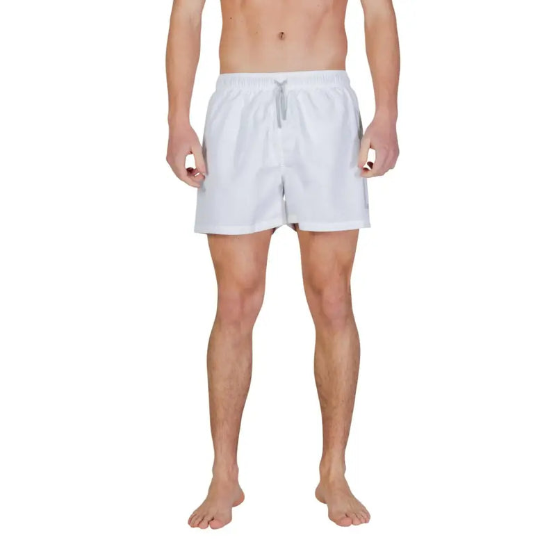 Ea7 Weiße Herren-Badehose aus Polyester mit grauem Kordelzug und dezenten Seitenstreifen für den Badegebrauch