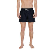 Ea7 Schwarze Herren-Badehose aus Polyester mit weißem Kordelzug und dezentem grauen Logo an der Seite
