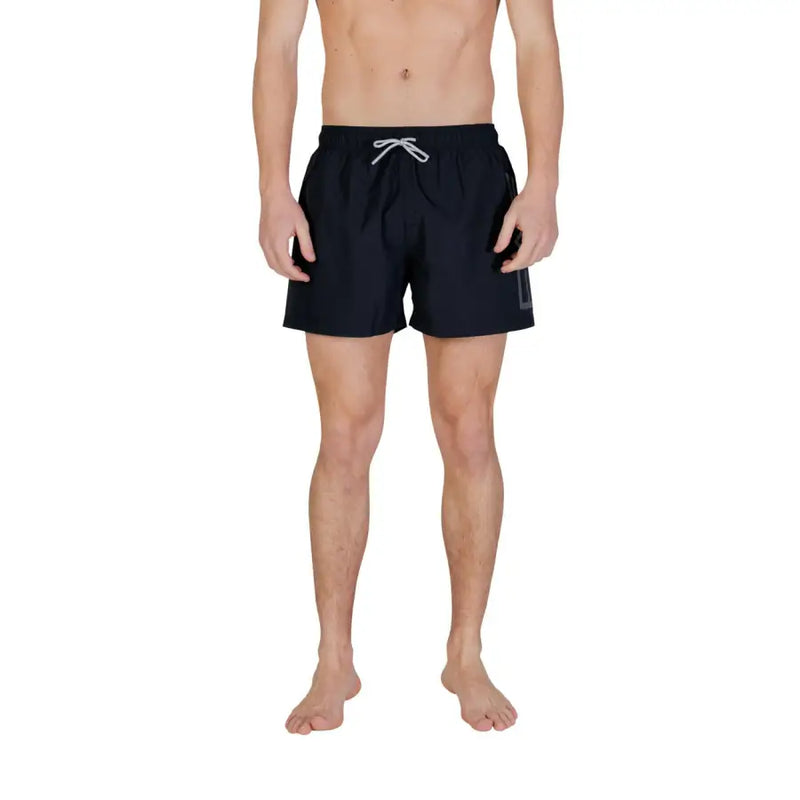 Ea7 Schwarze Herren-Badehose aus Polyester mit weißem Kordelzug und dezentem grauen Logo an der Seite