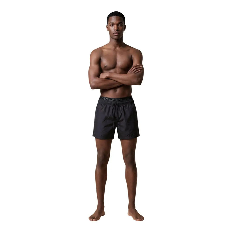 Ea7 men swimwear black polyester swim trunks with drawstring waistband and subtle branding on elastic waistband