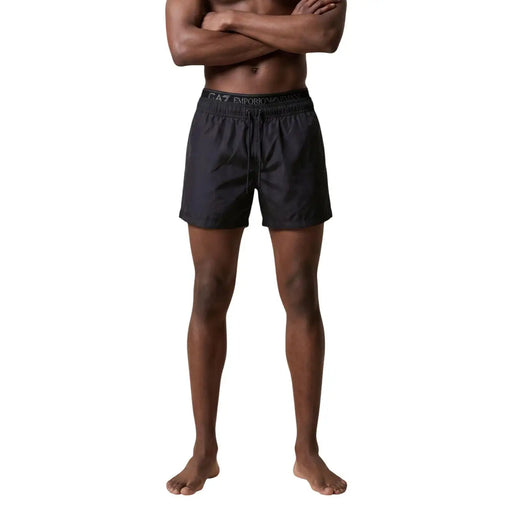 Black ea7 emporio armani swim trunks with drawstring waistband polyester fabric and subtle brand logo with pockets