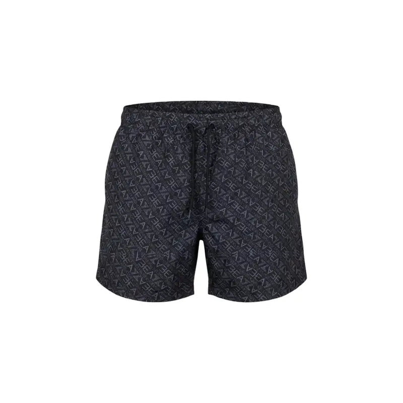 Ea7 Schwarze Herren-Badeshorts aus Polyester mit sich wiederholendem hellgrauem geometrischem Muster und Taschen