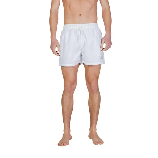 White ea7 men swimwear polyester swim trunks with pockets and subtle logo on the left leg