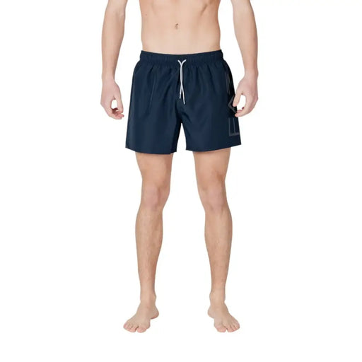 Men’s navy blue swim shorts with white drawstring from EA7 Men Swimwear Blue Lace Up Polyester Shorts