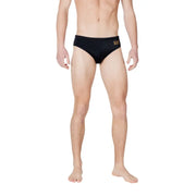 Schwarze ea7-Badehose aus Polyester mit goldenem Logo-Bund aus der ea7-Herrenbademodenkollektion.