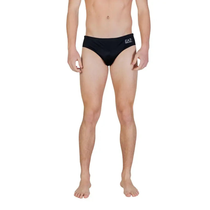 Schwarze Herren-Badehose mit elegantem, minimalistischem Design und aufgesticktem ea7-Logo auf weißem Polyesterbund