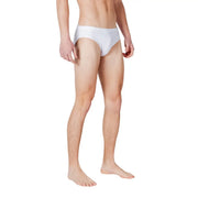 Ea7 men swimwear white plain polyester swim trunks with a smooth form-fitting design of white briefs front view