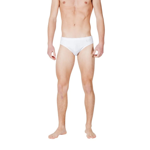 White EA7 men swimwear plain polyester swim trunks with a subtle logo on the waistband, shown from the front