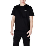 Schwarzes ea7 Emporio Armani Herren-Kurzarmshirt aus Baumwolle t-shirt mit weißem Logo auf der linken Brust, geeignet für Freizeitkleidung