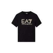 Schwarzes kurzärmeliges Baumwollhemd t-shirt für Herren mit einem markanten goldenen ea7 Emporio Armani Logo auf der Brust
