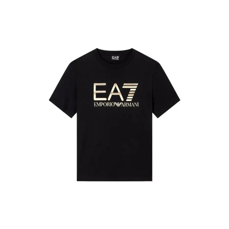 Schwarzes kurzärmeliges Baumwollhemd t-shirt für Herren mit einem markanten goldenen ea7 Emporio Armani Logo auf der Brust