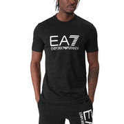Schwarze EA7 Emporio Armani Herrenjacke t-shirt mit weißem Logo und Streifen, entworfen für Freizeitkleidung